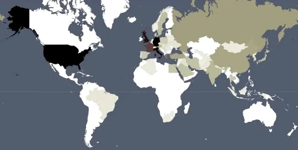 Ţările care au dat cele mai multe personaje istorice din topul Wikipedia. Cu cât o ţară este mai închisă la culoare, cu atât a dat mai multe personaje