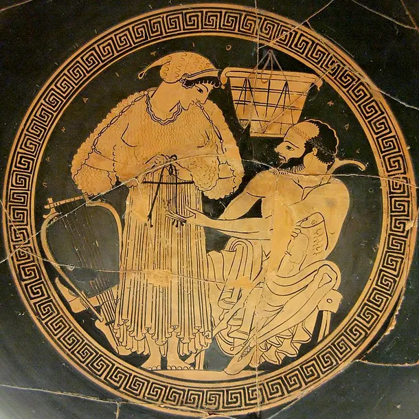 Un client negociază preţul unei partide de sex cu o hetairă, desen pe un vas ceramic grecesc