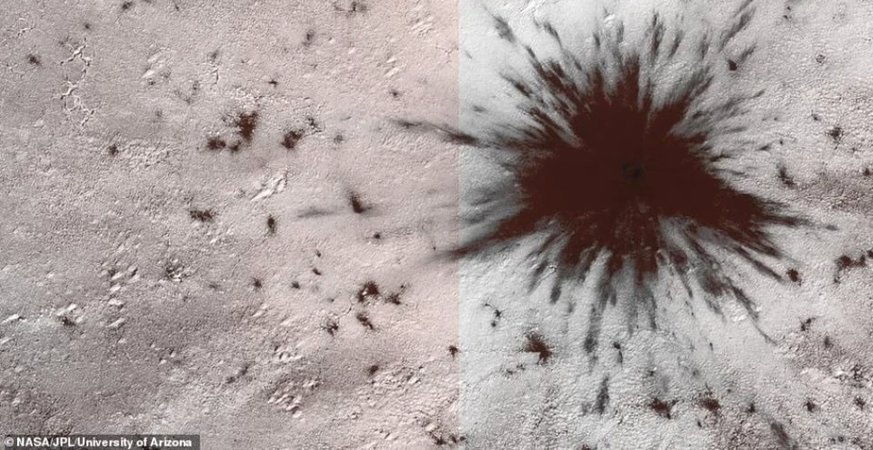 Astronomii au observat pe Marte un crater de impact proaspăt care a fost atât de puternic încât a trecut prin calota glaciară polară sudică