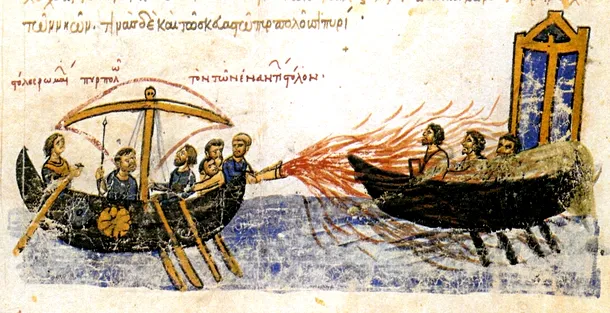 Miniatură de epocă care prezintă modul în care era folosit focul grecesc în timpul unei bătălii pe mare