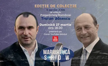 Marius Tucă Show începe duminică, 27 martie, de la ora 18.00. O ediție în reluare, din 2006, avându-l invitat pe Traian Băsescu, aflat la acea vreme, în timpul primului său mandat de președinte al României
