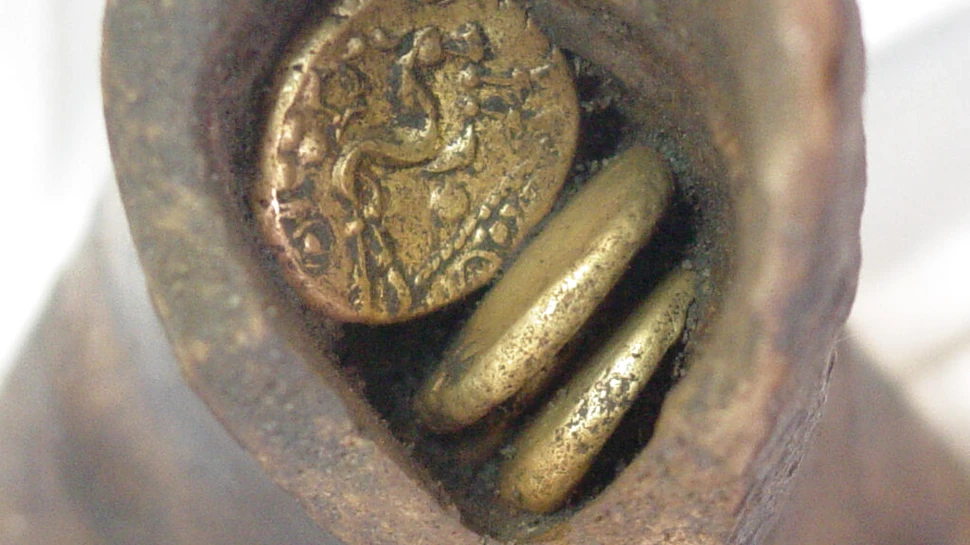 Monede antice, găsite într-un os de vacă, expuse la un muzeu din Anglia
