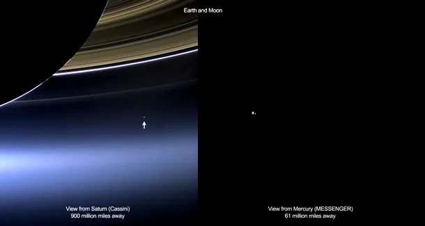 Terra şi Luna văzute de pe Cassini (stânga) şi MESSENGER (dreapta)