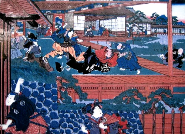 Pictură tradiţională niponă d etip Ukio-E care reprezintă momentul în care Asano l-a atacat pe Kira