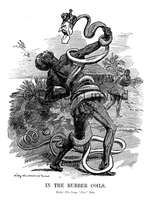 Caricatură dintr-unul din zialrele vremii care îl reprezintă pe regele belgian sub forma unui şarpe de cauciuc care sugrumă un băştinaş congolez