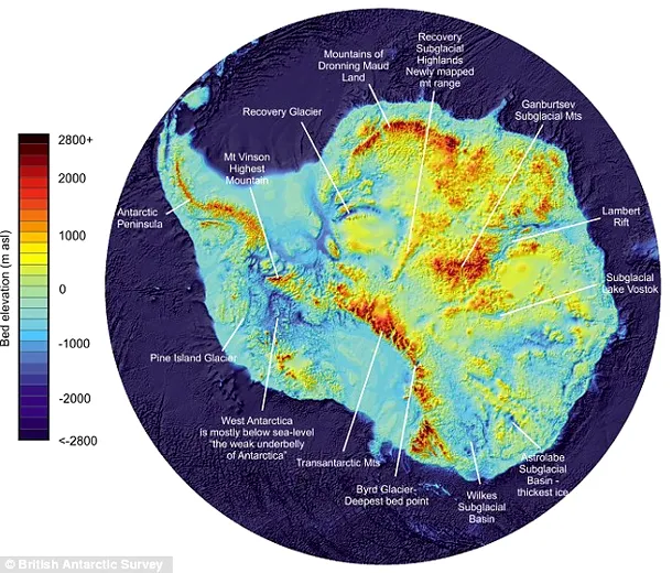 Harta care arată formele de relief de sub gheaţa din Antarctica