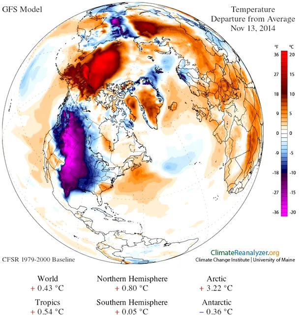 Regiunile unde este mai cald decât ar fi normal (cu roşu) şi mai frig decât în mod obişnuit (cu violet)