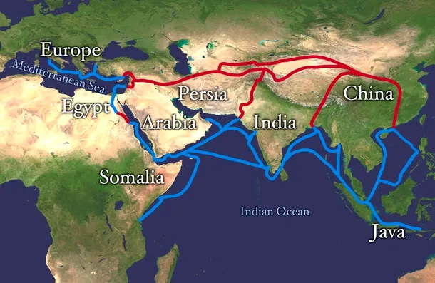 Harta Drumului Mătăsii şi a principalelor rute maritime din Lumea Veche