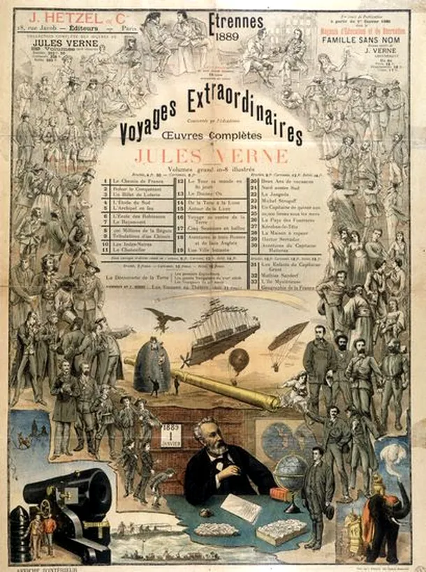 Afişe cu lista romanelor publicate de Jules Verne, în seria „Călătorii Extraordinare”