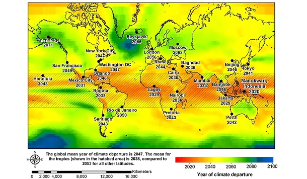 Harta arată anul în care, pornind de la emisiile posibile de gaze cu efect de seră, temperatura medie anuală va depăşi constant temperaturile cele mai mari înregistrate în anii 1986 - 2005