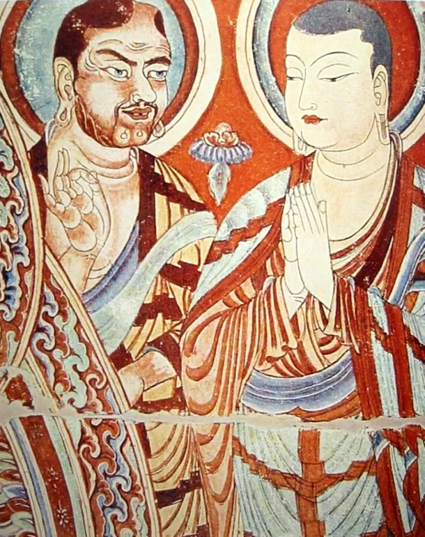 Pictură murală din Bezeklik reprezentând doi călugări budişti