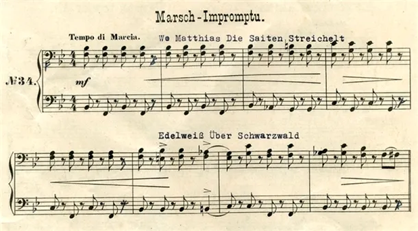 Partitura piesei „March Impromptu”, creată de compozitorul Gottfried Federlein