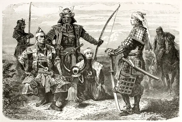 Desen de epocă cu samurai şi echipamentul lor militar specific