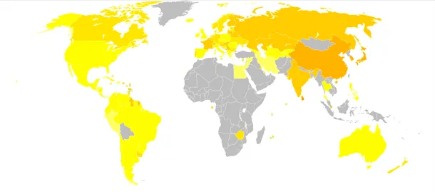 Harta sinuciderii femeilor, anul 2009, concepută cu date furnizate de Organizaţia Mondială a Sănătăţii