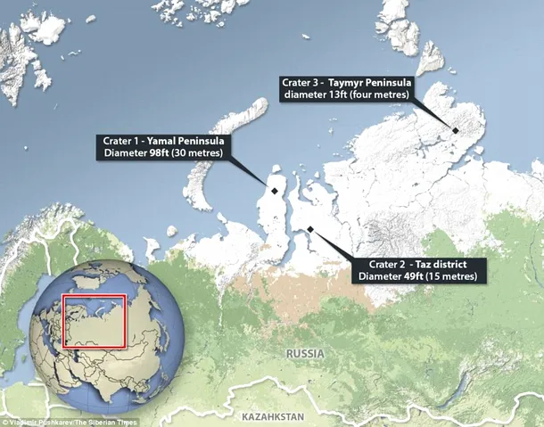 Harta locurilor în care au apărut craterele din Siberia