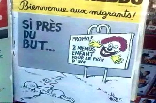 Charlie Hebdo, caricaturi controversate despre băieţelul sirian găsit mort pe o plajă în Turcia