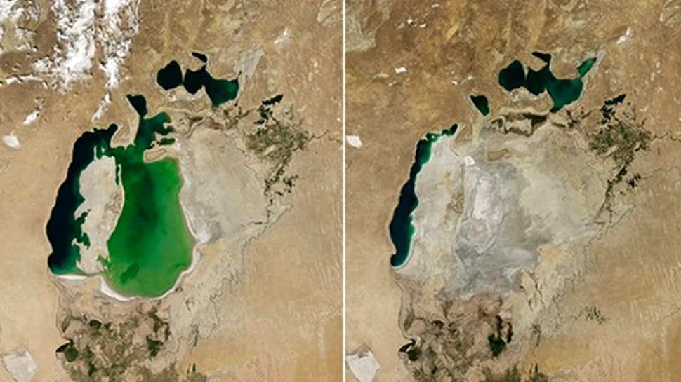 Un bazin al Mării Aral a secat aproape complet. Dezastrul ecologic a fost surprins în imagini de un satelit NASA