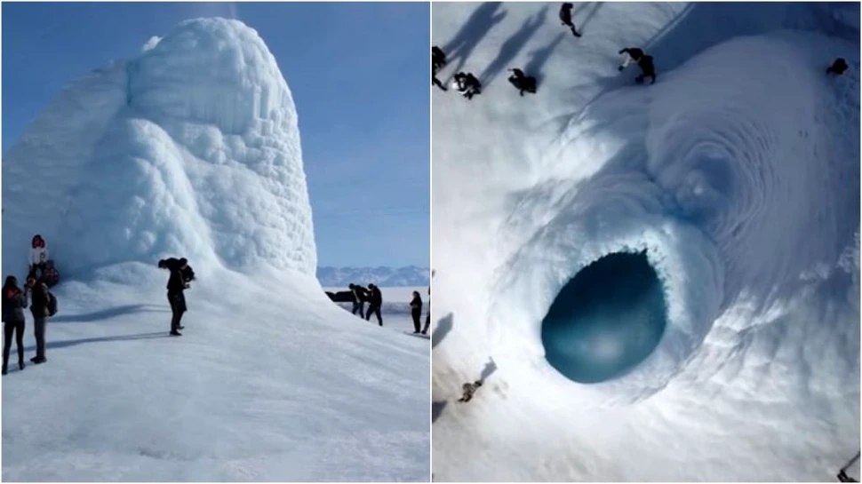 Un „vulcan de gheață” cu o înălțime de peste 13 metri a apărut pe o câmpie din Kazahstan