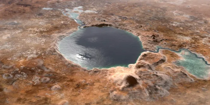 Craterul Jezero, locul în care va amartiza Perseverance pe Marte. Cândva acolo curgea un râu