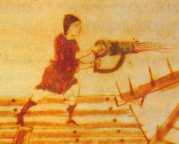 Miniautură de epocă care arată un aruncător portabil de foc grecesc