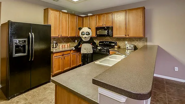 O femeie se îmbracă în Panda pentru a vinde o casă