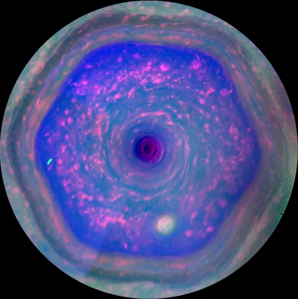Vortexul de la Polul Nord al planetei Saturn şi modelul hexagonal creat de curentul-jet.