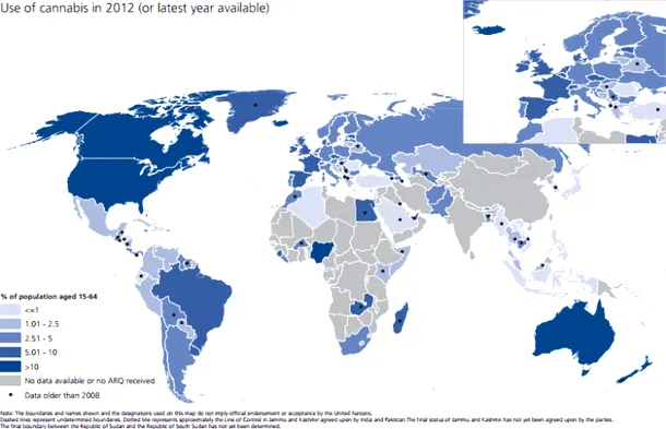 Consumul de cannabis la nivel mondial, conform datelor din perioada 2008-2012