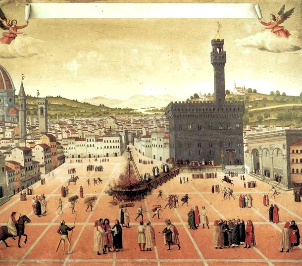Imagine de epocă cu arderea pe rug a lui Savonarola