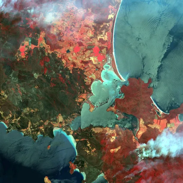 Imagine în culori false cu incendiile naturale din statul Tasmania din Australia. Vegetaţia sănătoasă este colorată în roşu (6 ianuarie 2013)