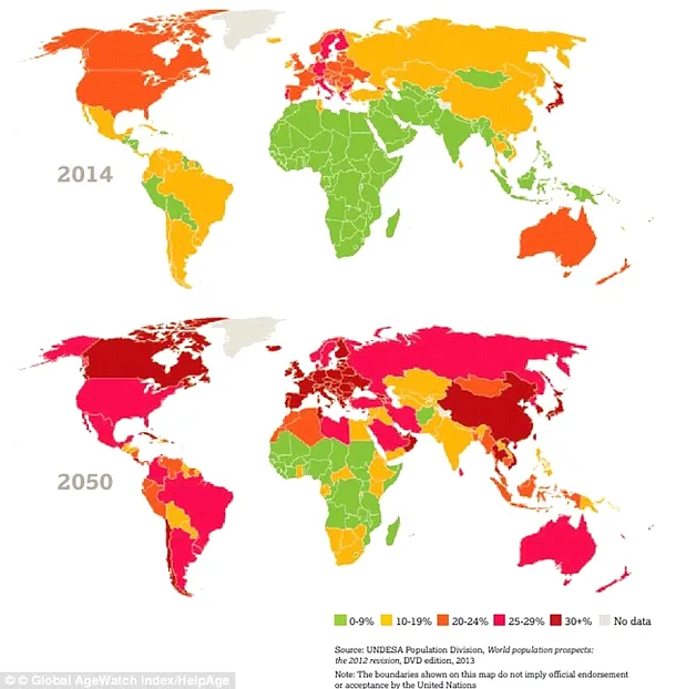 Harta Global AgeWatch Index, care arată procentul de oameni care au peste 60 de ani în prezent şi procentul estimat pentru anul 2050