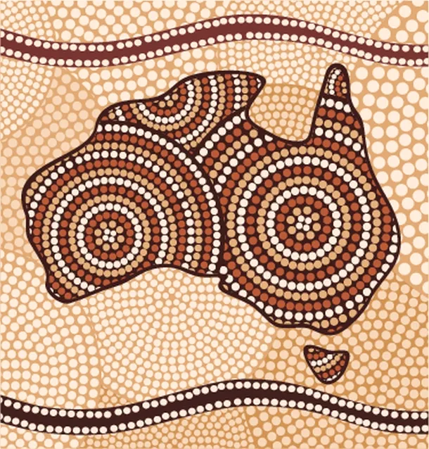 Imaginea stilizată a Australiei, realizată în stil aborigen