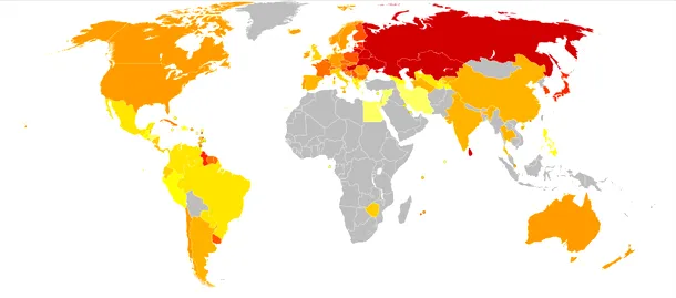Harta sinuciderii bărbaţilor, anul 2009, din date furnizate de Organizaţia Mondială a Sănătăţii