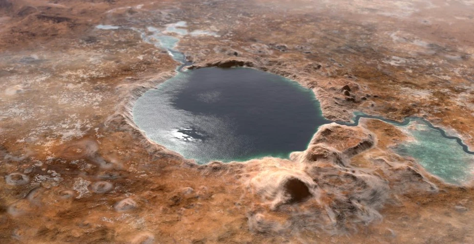Craterul Jezero, locul în care va amartiza Perseverance pe Marte. Cândva acolo curgea un râu