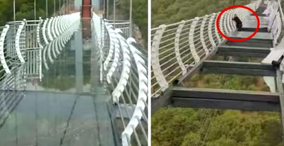 Turist blocat la 100 metri în aer, după ce podul de sticlă pe care se afla a fost distrus de vânt