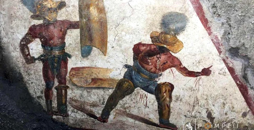 O frescă cu doi gladiatori în timpul luptei, descoperită în Pompeii