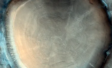 Un crater cu inele de creștere asemănătoare unui trunchi de copac, observat pe Marte