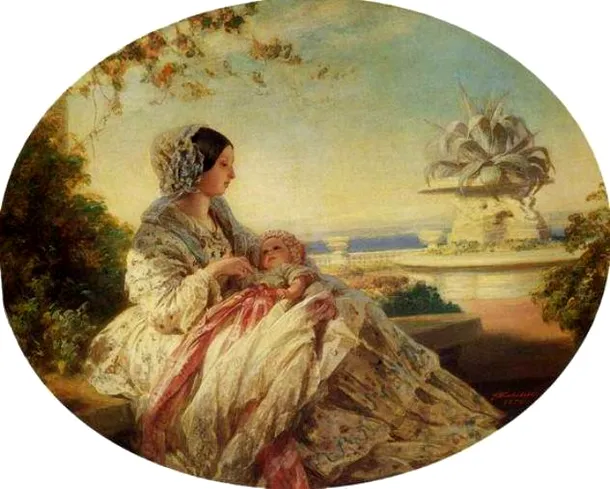 Regina Victoria cu cel de-al şaptelea copil al ei, prinţul Arthur, îmbrăcat într-o rochiţă roz; tabloul datează din 1850 sau 1851. 