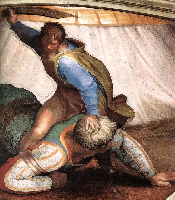 David şi Goliat, în viziunea lui Michelangelo, pe Capela Sixtină