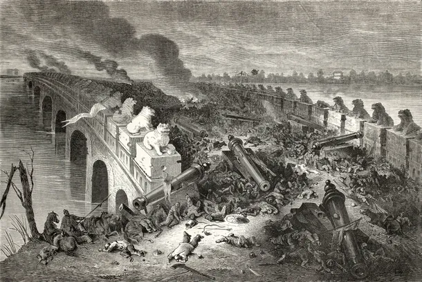 Desen de epocă cu Bătălia de la Baliqiao.