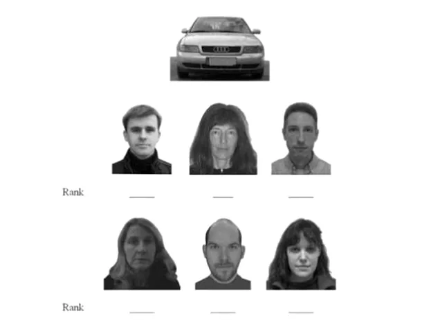 Cine este proprietarul maşinii? Asemenea montaje fotografice au fost folosite în cadrul studiului, arătând că există o probabilitate mare ca „faţa” maşinii să semene cu cea a deţinătorului. (În cazul de faţă, bărbatul din stânga-sus este proprietarul.)
