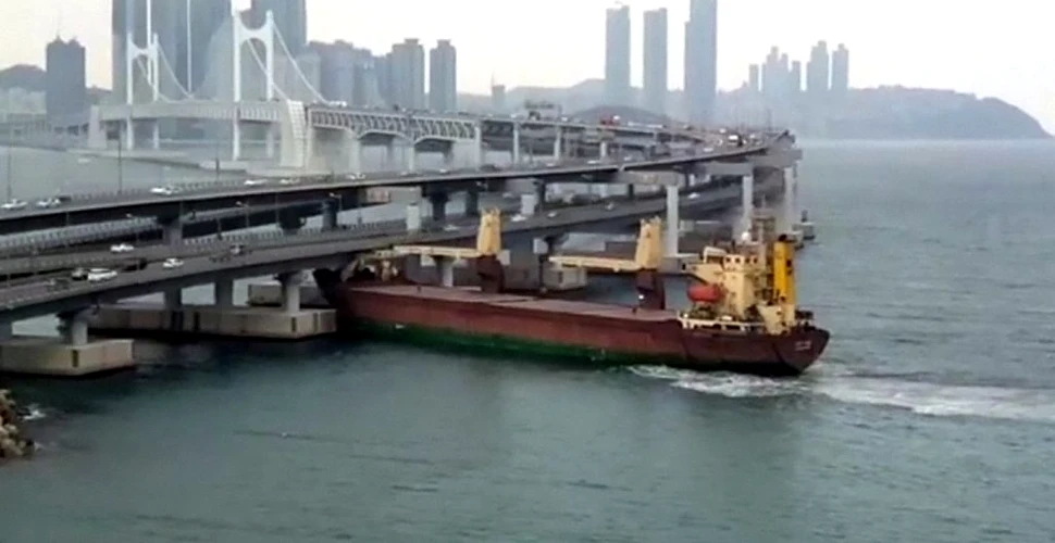 Momentul în care un vas de 6.000 de tone se izbeşte de un pod