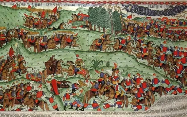 Miniatură medievală cu Bătălia de la Kulikovo dintre ruşi şi tătari