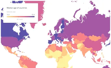 Harta vârstei medii a populaţiei din ţările lumii. Ce loc ocupă România