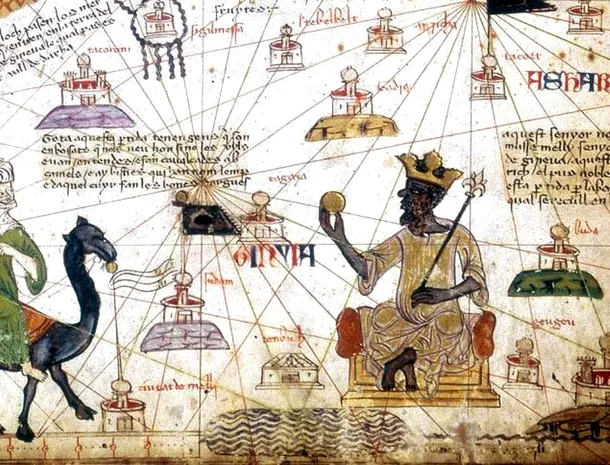 Pagină din faimosul Atlas Catalan din anul 1375, care îl reprezintă pe regele Mansa Musa cu o pepită de aur în mână.