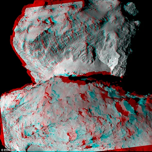 Imagine 3D a cometei 67P/Churyumov-Gerasimenko; poate fi văzută „în relief” cu ajutorul unor ochelari stereoscopici cu filtre roşii şi verzi/albastre.