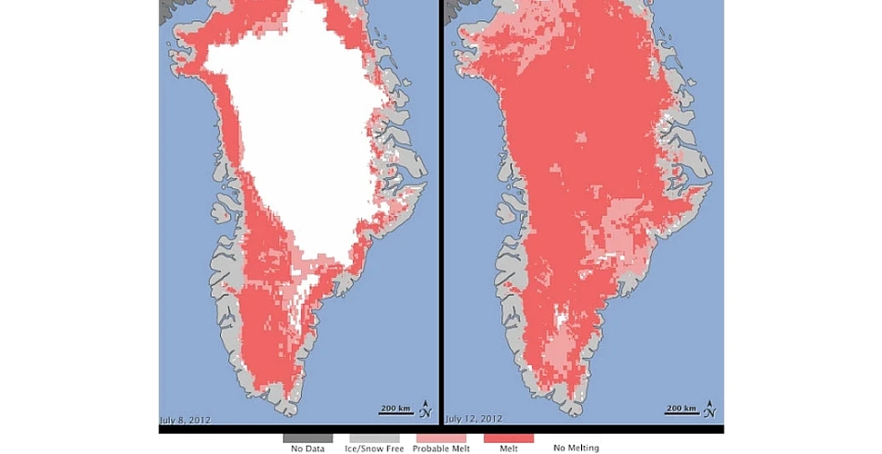 Groenlanda îşi pierde scutul de gheaţă: calota glaciară care acoperea marea insulă s-a topit aproape în totalitate
